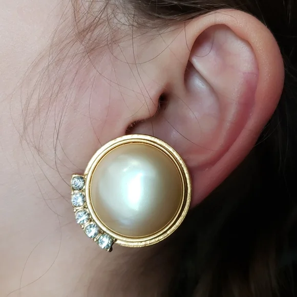 Authentic Vtg YSL Yves Saint Laurent Mabe' Pearl Rhinestone Cabochon Earrings